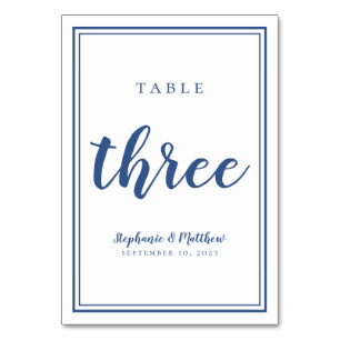 Wedding Table Number Three Simple Blue & White