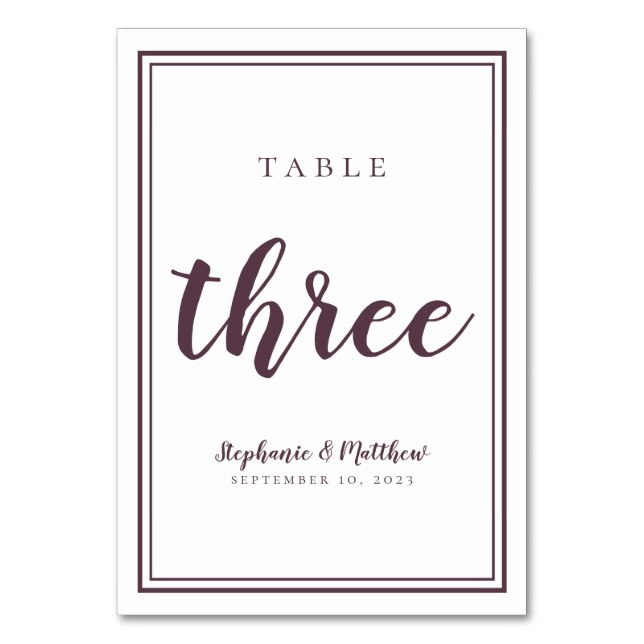 Wedding Table Number Three Simple Modern Purple (Front)