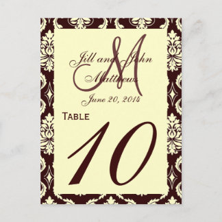 Wedding Table Numbers Brown Ivory Damask Postcard