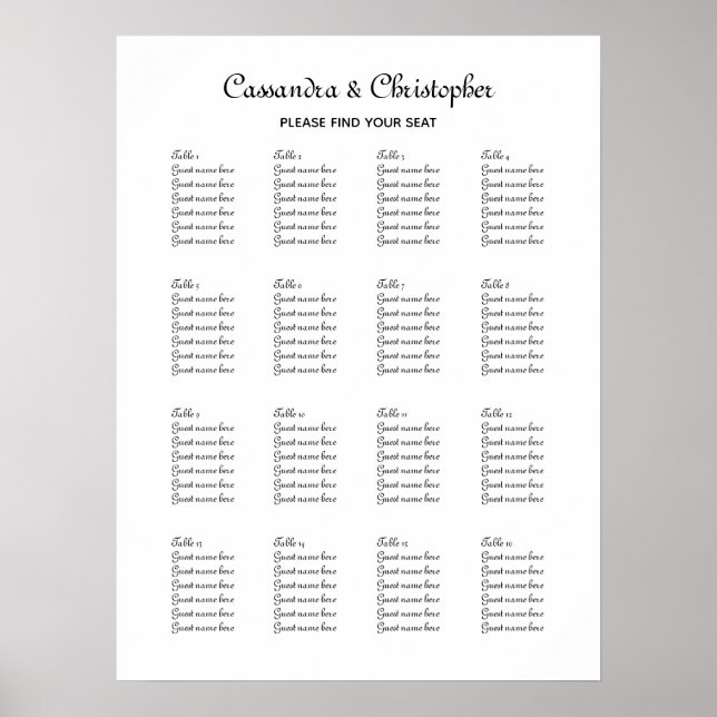 Wedding table seating chart black and white script (Front)