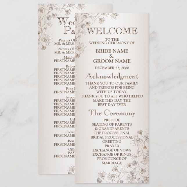 Wedding Tan Floral Heart Pattern Beige Elegant Program (Front/Back)