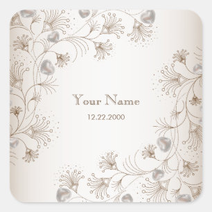 Wedding Tan Floral Heart Pattern Elegant Vintage Square Sticker