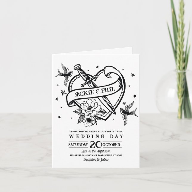 Wedding Tattoo Traditional Rock Heart Doves Invitation (Front)
