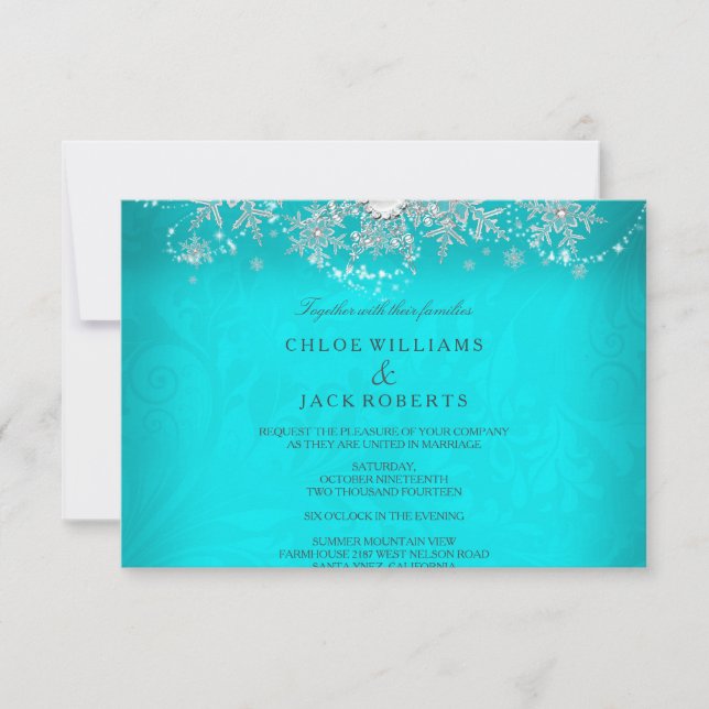 Wedding Teal Crystal Pearl Snowflake Silver Winter RSVP Card (Front)