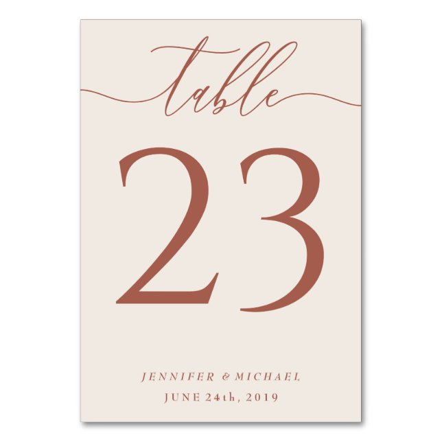 Wedding terracotta beige script seating table number (Front)