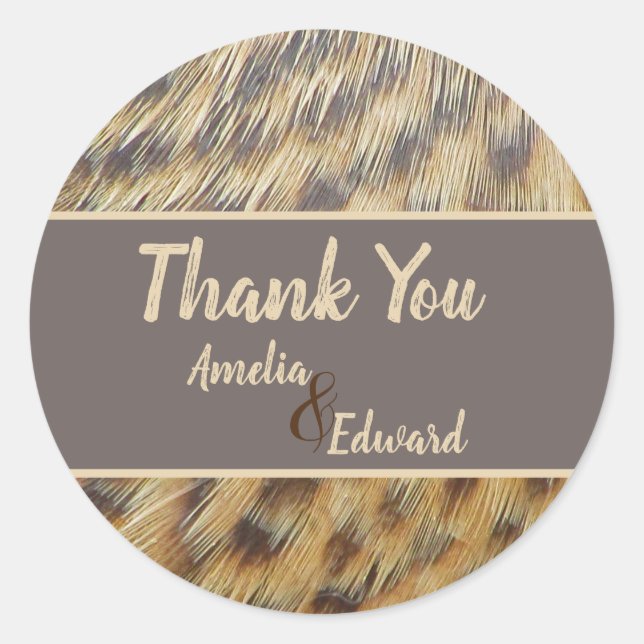 Wedding Thank You Animal Print Feather Guest Classic Round Sticker (Front)