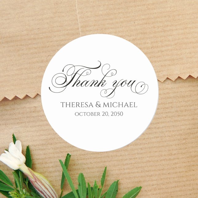 Wedding Thank You Black and White Typography Classic Round Sticker (Thank you black and white sticker template with names and wedding date)