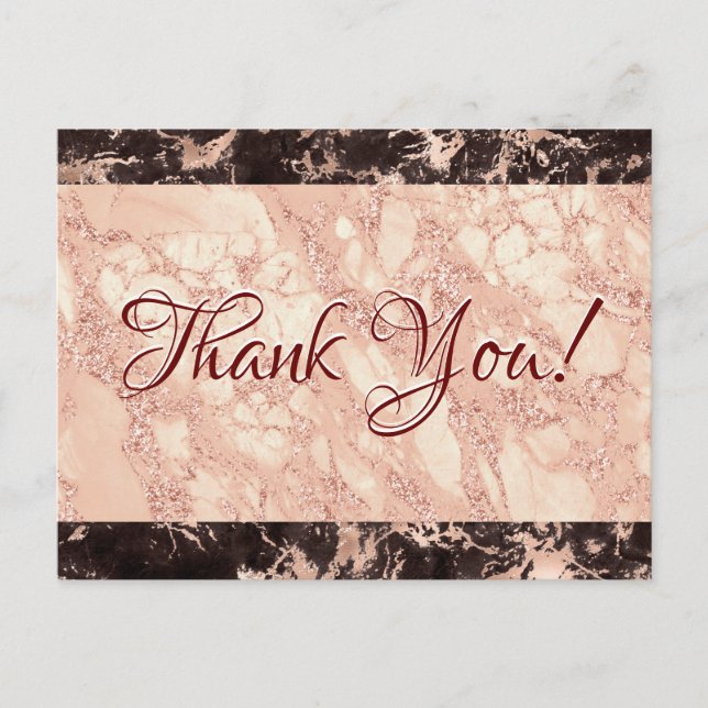Wedding Thank You, Blk & Rose Gold Marble, Message Postcard (Front)