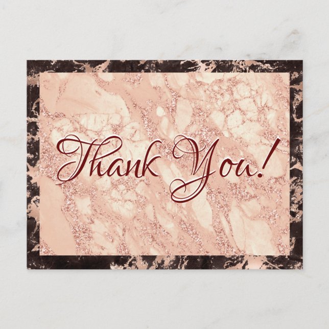 Wedding Thank You, Blk & Rose Gold Marble, Message Postcard (Front)