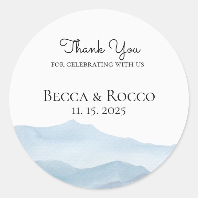 Wedding Thank You Blue Watercolor Classic Round Sticker (Front)