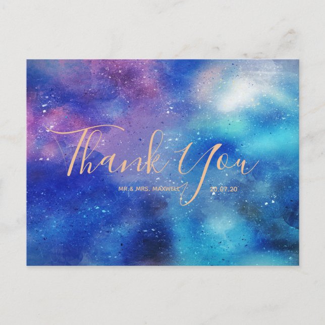 Wedding Thank You Blue Watercolour Script Postcard (Front)