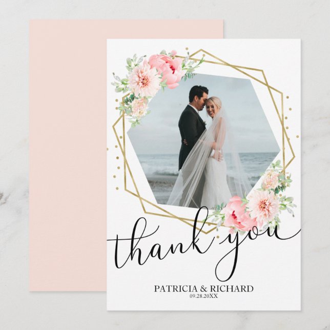 Wedding Thank You Blush Floral Gold Foil Geometric Invitation (Front/Back)