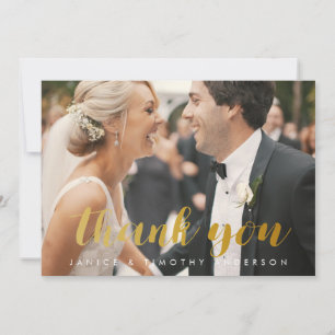 wedding thank you bride groom photo gold faux foil card