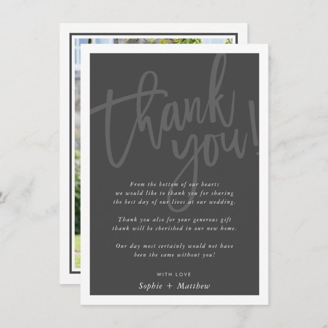 WEDDING THANK YOU brush lettered script dark grey Invitation (Front/Back)