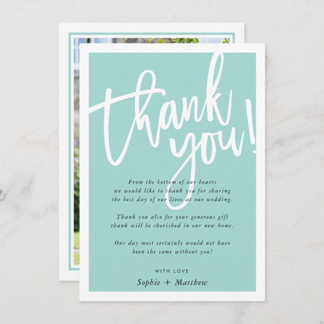 WEDDING THANK YOU brush lettered script mint green Invitation (Front/Back)