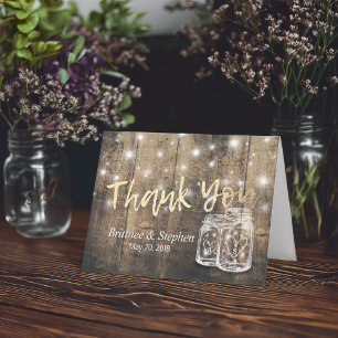 Wedding Thank You Card Rustic Wood Mason Jar Light