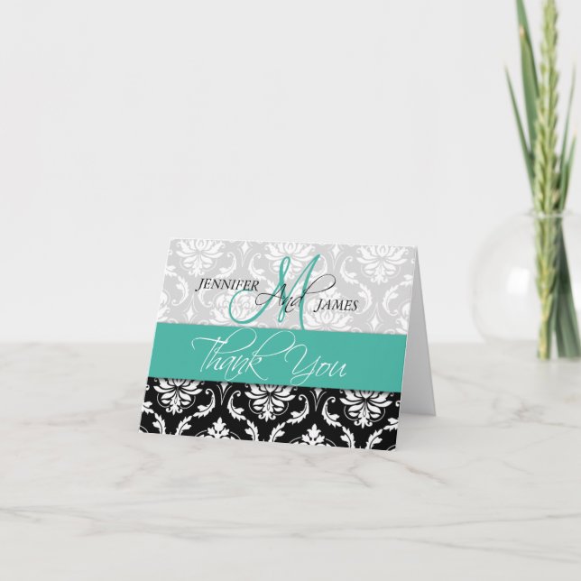 Wedding Thank You Cards Damask Monogram Turquoise (Front)