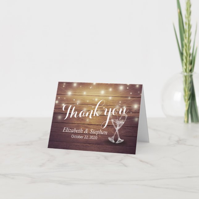 Wedding Thank You Champagne Glasses Wood Lights (Front)