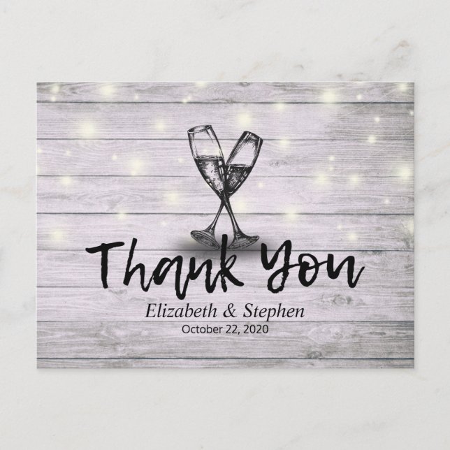 Wedding Thank You Champagne Glasses Wood Lights Postcard (Front)