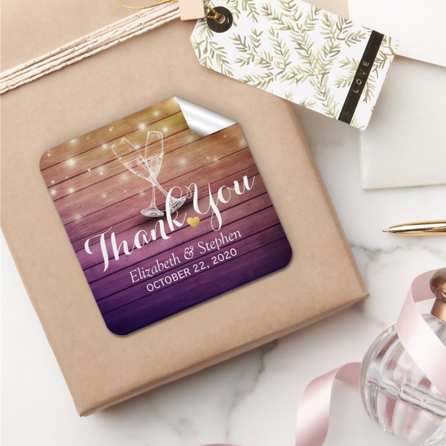 Wedding Thank You Champagne Glasses Wood Lights Square Sticker (Creator Uploaded)