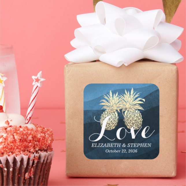 Wedding Thank You Chic Blue Gold Pineapple Couple  Square Sticker (Party)