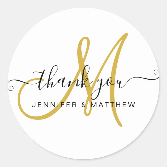 Wedding Thank You Elegant Script Gold White Classic Round Sticker (Front)