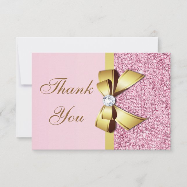 Wedding Thank You Faux Pink Sequins Gold Bow (Front)