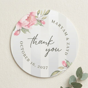 Wedding Thank You Favour Blush Peony Grey Stripe Classic Round Sticker