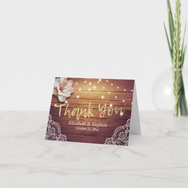 Wedding Thank You Floral String Lights Wood Lace (Front)