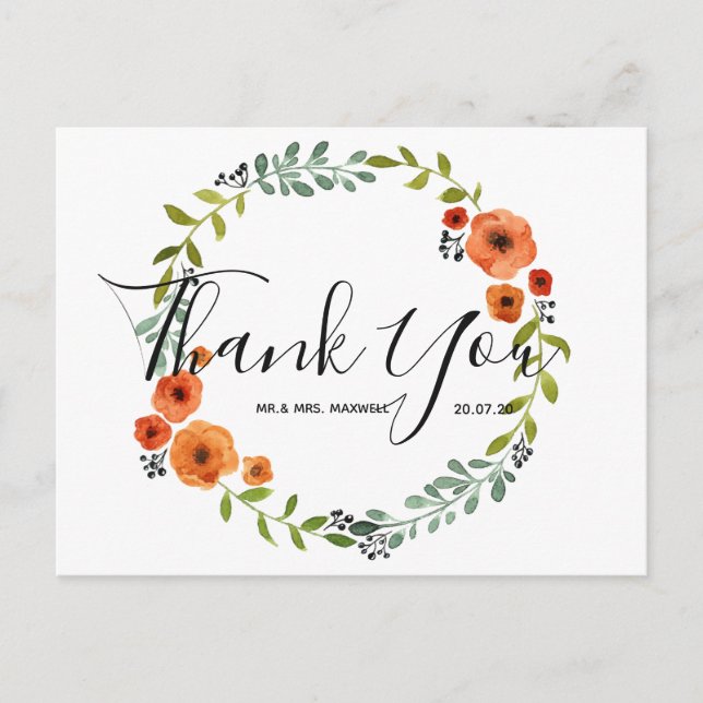 Wedding Thank You | Floral Wreath Script Postcard (Front)