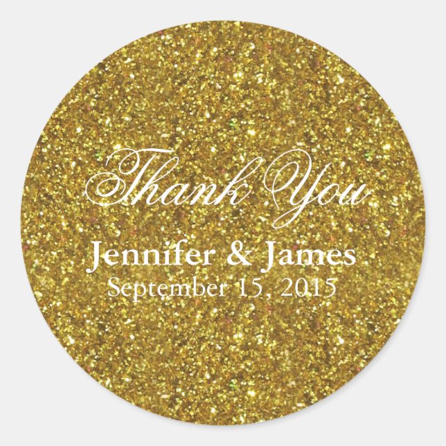 Wedding Thank You Glitter Gold Sticker. Classic Round Sticker (Front)
