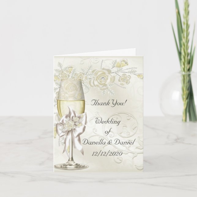 Wedding Thank You Gold Cream Pearl Floral Roses (Front)