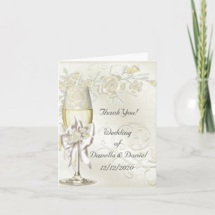 Wedding Thank You Gold Cream Pearl Floral Roses Card