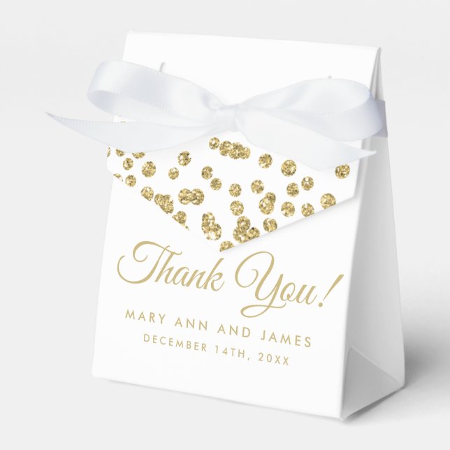 Wedding Thank You Gold Faux Glitter Confetti White Favor Box (Front Side)