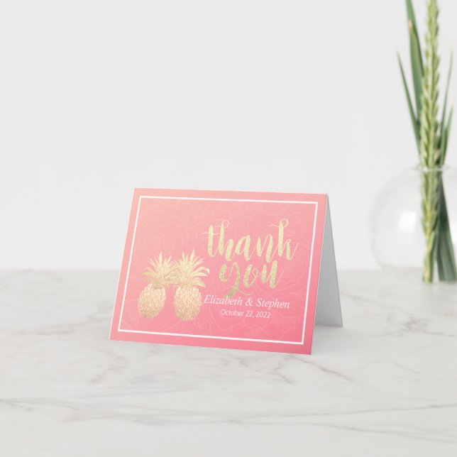Wedding Thank You Gold Pineapple Couple Pink Roses (Front)