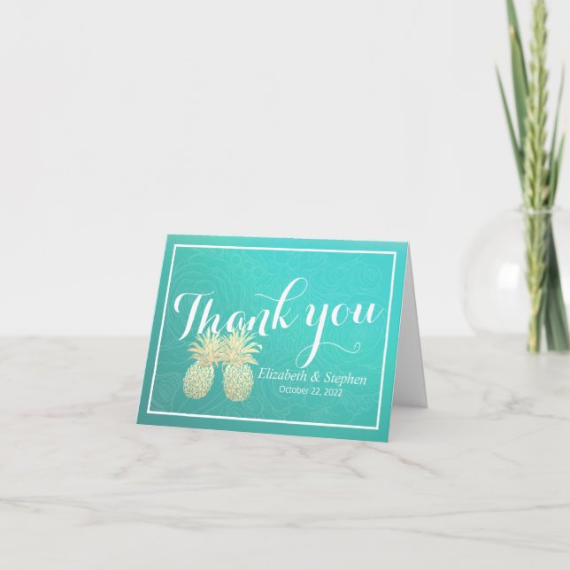 Wedding Thank You Gold Pineapple Couple Teal Roses (Front)