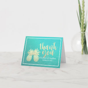 Wedding Thank You Gold Pineapple Couple Teal Roses Card