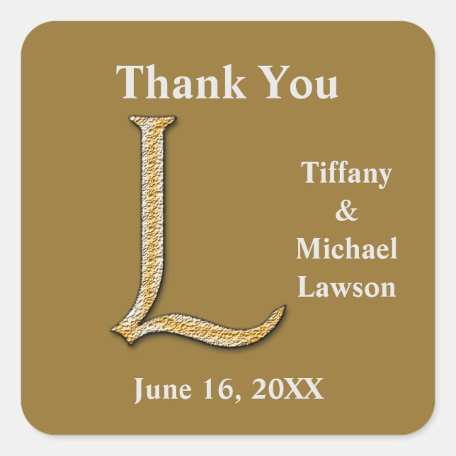 Wedding Thank You Gold Silver Letter L Monogram Square Sticker (Front)