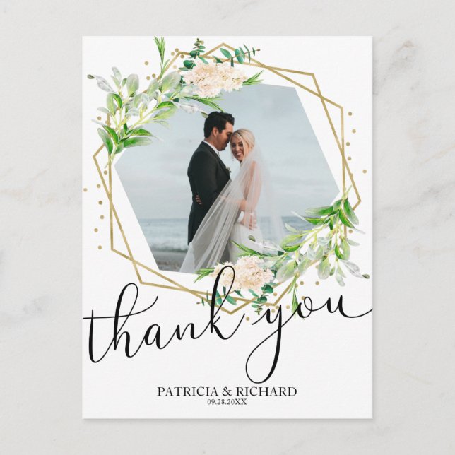 Wedding Thank You Greenery Gold Foil Geometric Postcard (Front)