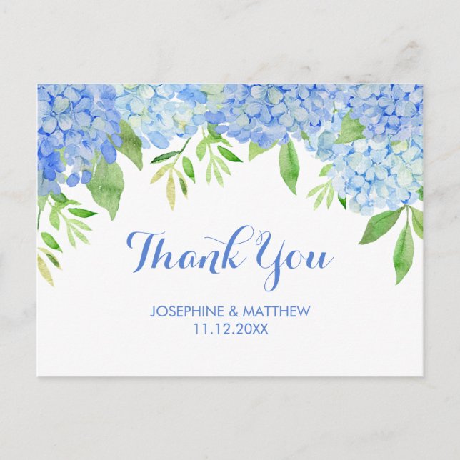 Wedding Thank You Hydrangea Blue Watercolor Floral Postcard (Front)