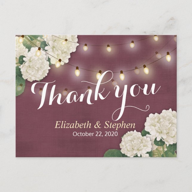 Wedding Thank You Hydrangea String Lights Burgundy Postcard (Front)