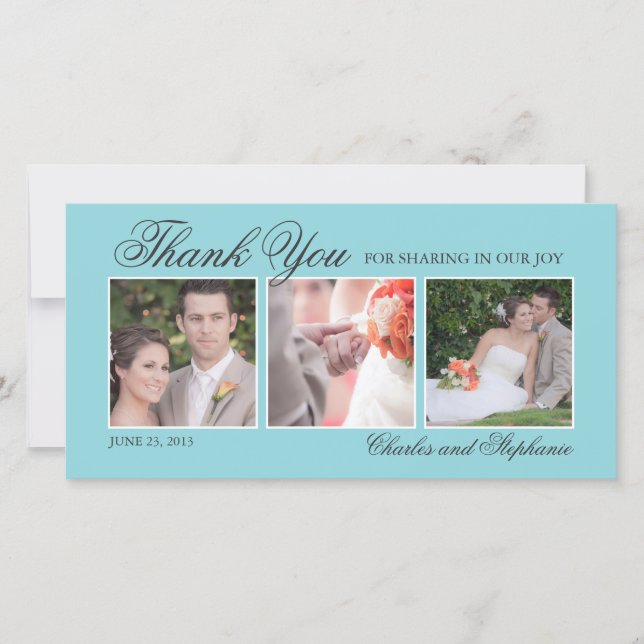 Wedding Thank You in Blue Three Photo Card (Front)