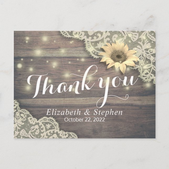 Wedding Thank You Lace Sunflower Rustic Wood Light Postcard (Front)