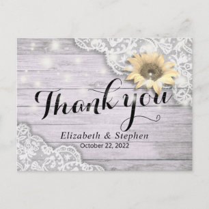 Wedding Thank You Lace Sunflower Rustic Wood Light Postcard