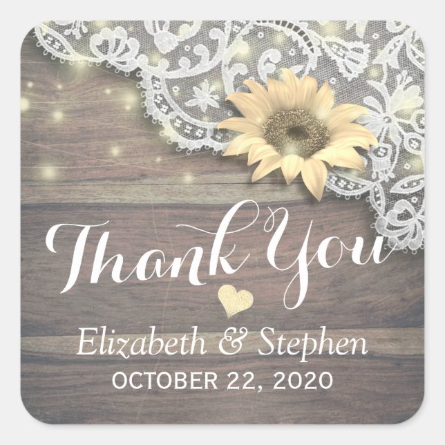 Wedding Thank You Lace Sunflower Rustic Wood Light Square Sticker (Front)