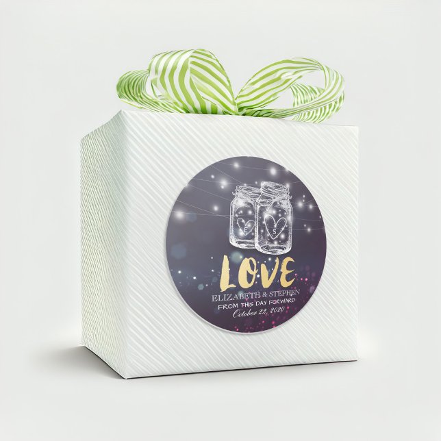 Wedding Thank You Mason Jar Purple String Lights Classic Round Sticker (Creator Uploaded)
