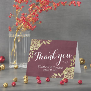 Wedding Thank You Modern Golden Roses Burgundy Red Card