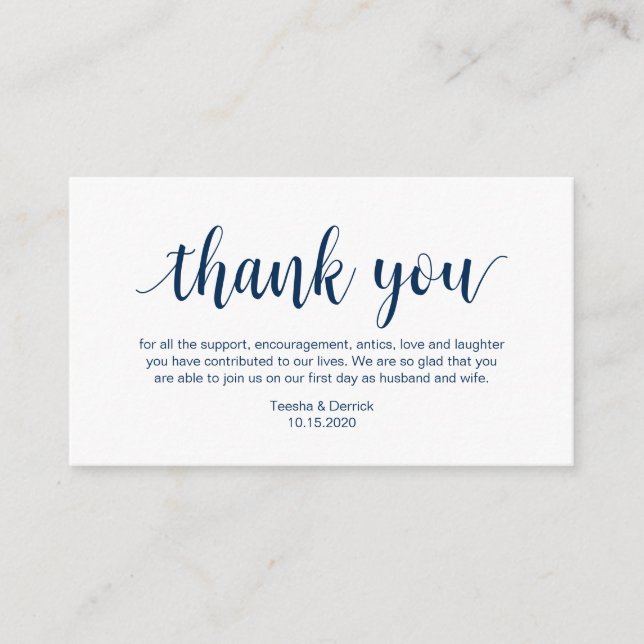 Wedding Thank you, Modern Navy Blue Script Enclosure Card (Front)