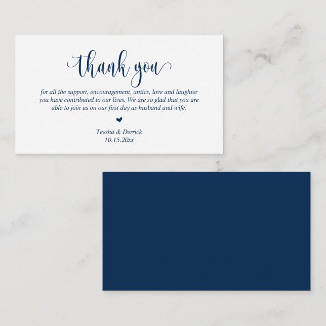 Wedding Thank you, Modern Script, Classy Navy Blue Enclosure Card (Front/Back)