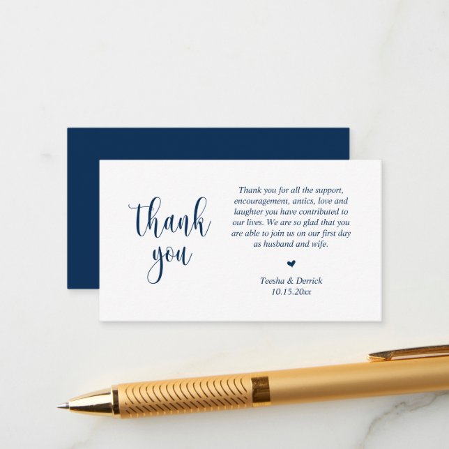 Wedding Thank you, Modern Script, Classy Navy Blue Enclosure Card (Front/Back In Situ)